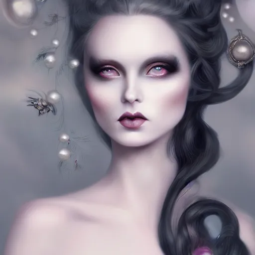 Prompt: of surreal portrait inspired by Natalie Shau,Charlie bowater,Anna Dittman,pearls, hair bun in hair,jewellery in hair,cinematic