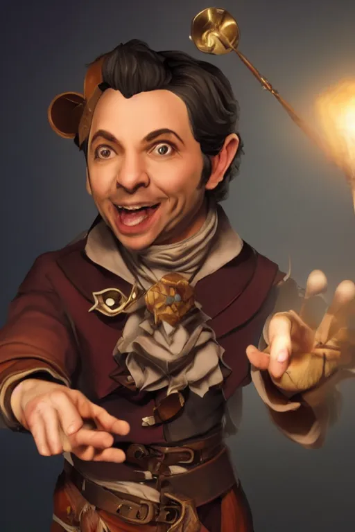 Image similar to Sam Riegel as Scanlan Shorthalt from Vox Machina, Halfling Bard, realistic cinematic shot, flipping you off using Bigby's Hand, subtle fog and mood lighting