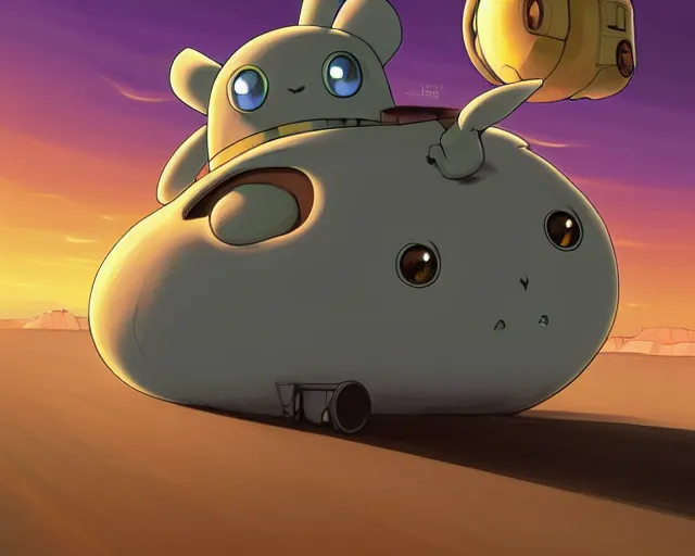 Prompt: a cell shaded cartoon giant grey lovecraftian mechanized pikachu from howl's moving castle ( 2 0 0 4 ), with a big head, on a desert road, wide shot, sunset, golden hour, muted colors, post grunge, josan gonzales, wlop, by james jean, victor ngai, hq, deviantart, art by artgem