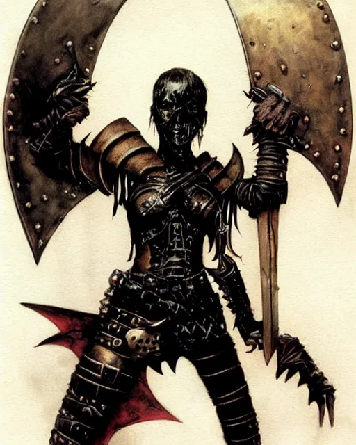 Image similar to portrait of a skinny punk goth warrior wearing armor by simon bisley, john blance, frank frazetta, fantasy, thief rogue