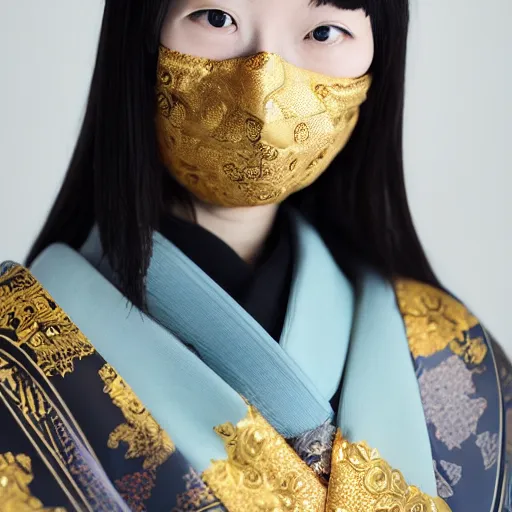 Prompt: japanese female balaclava face mask with golden necklace and kimono, photo portrait, beautiful female model