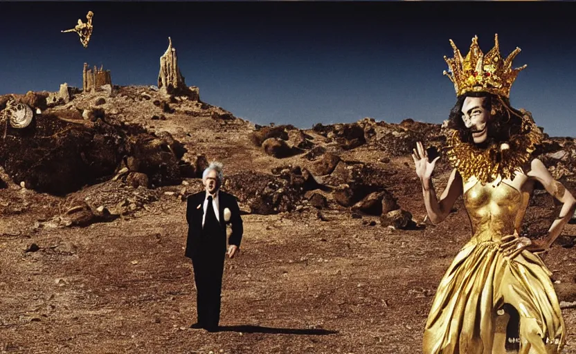 Image similar to portrait of salvador dali wearing a crown and golden dress with jewels in a dry rocky desert landscape, visible sky and sunny atmosphere, alien ruins by giger in the background, film still from the movie by alejandro jodorowsky with cinematogrophy of christopher doyle and art direction by hans giger, anamorphic lens, kodakchrome, very detailed photo, 8 k