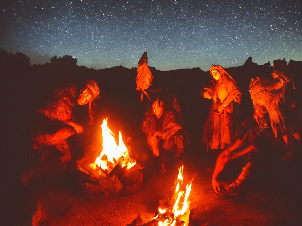 Prompt: photography of native american woman cooking on the camp fire, night, smoke, stars on the sky, tepees in the background, muted colors, cinematic lighting, hyper realistic, volumetric light, atmospheric, mysterious, mystical