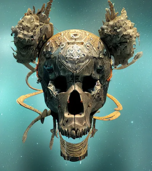 Image similar to portrait of a fantasycore glitchcore deformed animal skull in a helmet. intricate abstract. intricate artwork. celestial. prismatic, by Alex Stevenson Diaz, disney, pixar. octane render, CGSociety very coherent symmetrical artwork. cinematic, hyper realism, high detail, octane render, 8k, holographic accents