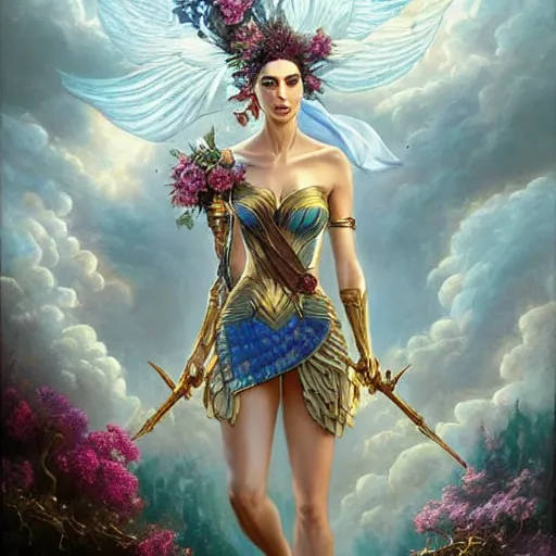 Image similar to fine art photo of the beauty goddess gal gadot, she has a crown of mesmerizing flowers, she is arriving heaven, background full of stormy clouds, by peter mohrbacher, long shot