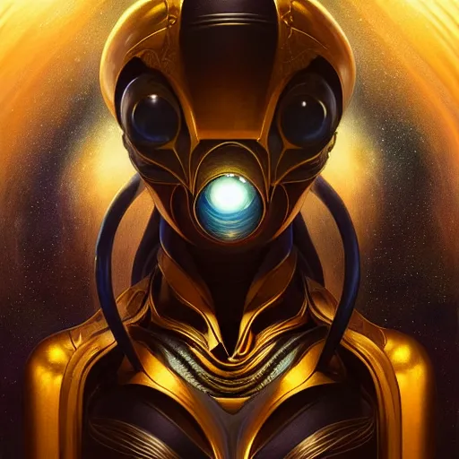 Image similar to hyper advanced alien evolved from dolphin, sci fi, glowing eyes, volumetric lights, gold theme, art nouveau botanicals, intricate, highly detailed, digital painting, artstation, concept art, smooth, sharp focus, cinematic, illustration, beautiful face, art by artgerm and greg rutkowski and alphonse mucha