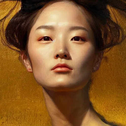 Image similar to high quality portrait painting of woman by Fenghua Zhong and Gustav Klimt, stunning, detailing, artstation trending, perfect lighting, golden hour, elegant, delicate, master work, face detailing