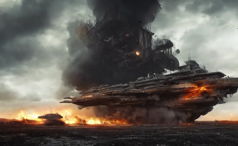 Image similar to an immense steampunk aircraft carrier crashed and burning in a field, thick black smoke billowing, turbulent storm clouds, dystopian, sharp focus, octane render, imax