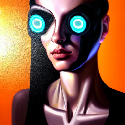 Image similar to hyperrealism oil painting portrait of cyberpunk cyborg fashion model with glowing eyes