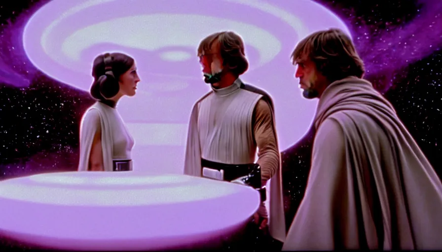 Image similar to screenshot portrait of Luke Skywalker and Princess Leia, facing off against an incredibly haunting female sith lord in white, on a sith planet of purple magic maelstrom, iconic scene from the 1970s sci fi thriller film by Stanley Kubrick, HR Geiger, stunning cinematography, hyper-detailed, sharp, anamorphic lenses, kodak color stock, 4k, stunning