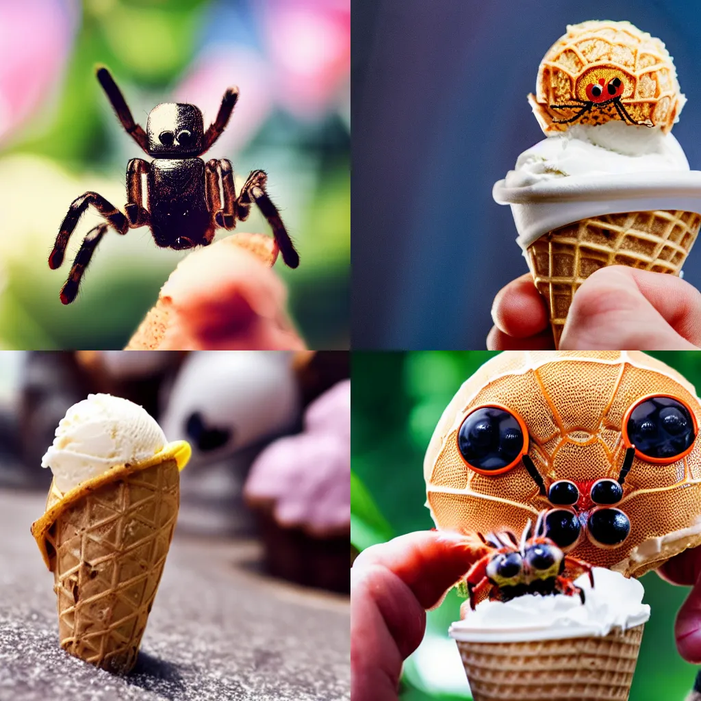 Prompt: a cute spider holding an ice cream cone the spider is eating the ice cream cone, A cute spider, ultra high quality model, 4k