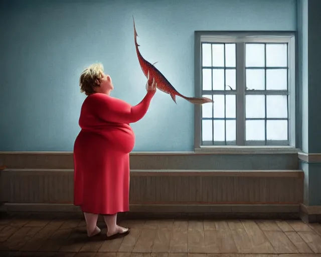 Prompt: an innocent and beautiful scene in hyper realistic style, about an fat old woman painting a huge colorful fish on the wall, lighting from the barred window. shadows. 4 k. wide angle. wild mood. red mouth, blue eyes. deep focus, lovely scene. ambient occlusion render. unreal engine.