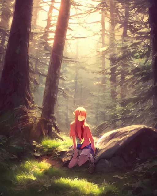 Prompt: A girl camping in the woods, Full shot, Atmospheric lighting, By Makoto Shinkai, Stanley Artgerm Lau, WLOP , Rossdraws, James Jean, Andrei Riabovitchev, Marc Simonetti, krenz cushart, Sakimichan, D&D trending on ArtStation, digital art.