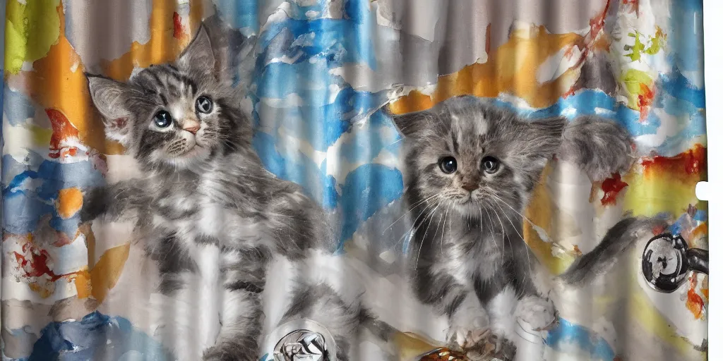 Image similar to shower curtain product catalog. wide - angle photo. on the curtain is a watercolor with ink under drawing of a low - angle hero - shot a cat toy being chased by a maine coon kitten. highly coherent, product photography of a shower curtain, product lighting. 4 k, highly detailed. saturated.