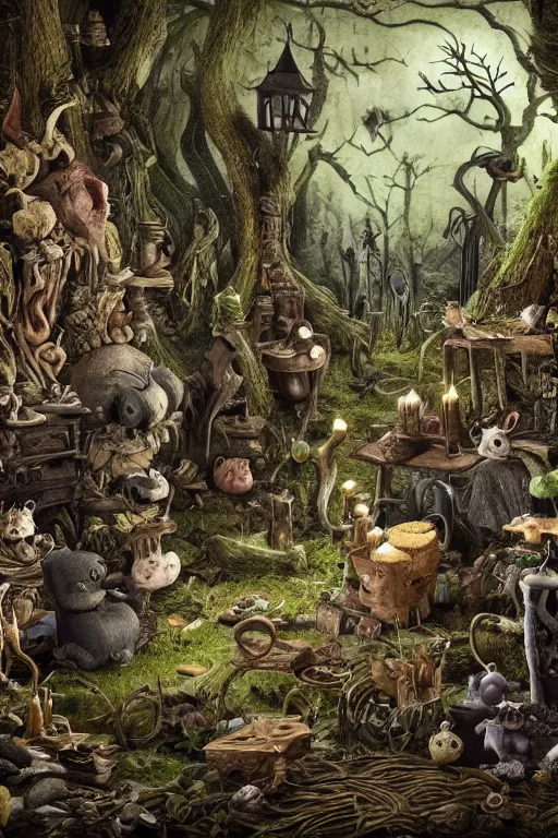 Image similar to a witch's atelier in a dark forest, with several broken statues of animals, HD, 4k, 8k, incredibly detailed, intricate, ominous, masterpiece,