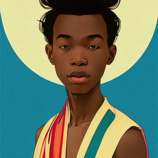 Prompt: colourful upper half portrait of an african boy - in japanese retro poster design illustration style, art by hsiao - ron cheng & alphonse mucha, highly detailed, digital painting, illustration, smooth, sharp focus, intricate, symmetry, pinterest, behance,