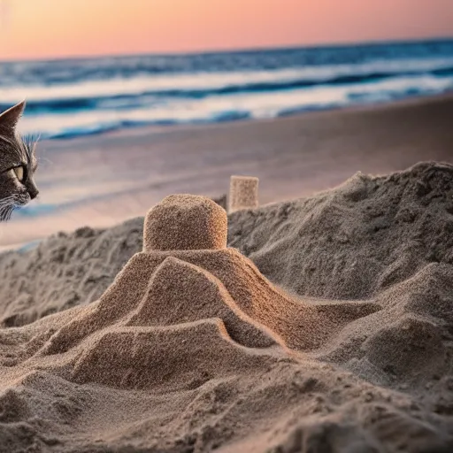 Image similar to a photo of cat making a sand castle on the beach