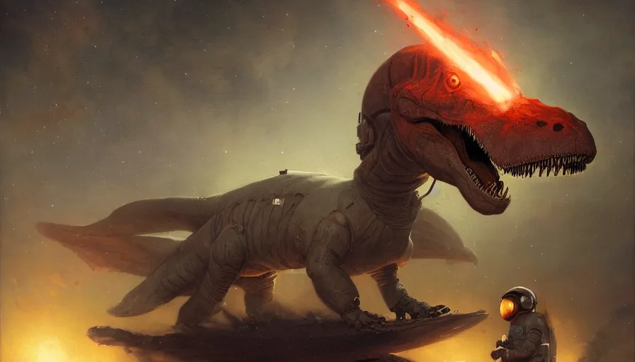 Prompt: tyrannosaurus dressed as an astronaut preparing to fly into space, illustrated by Greg Rutkowski and Gaston Bussiere, 8k