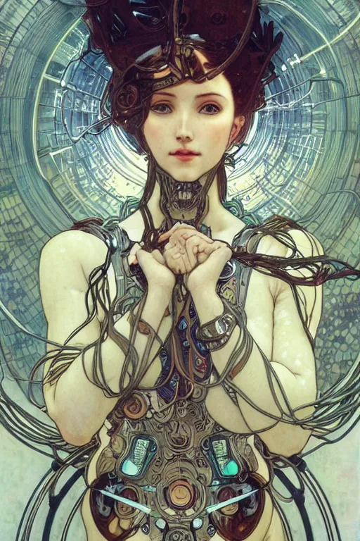 Image similar to realistic detailed portrait of a humanoid mecha cyberpunk! goddess by Alphonse Mucha and Charlie Bowater, rule of thirds, golden ratio, Art Nouveau cyberpunk! style, mechanical accents!, mecha plate armor, glowing LEDs, flowing wires with leaves, rich deep moody colors