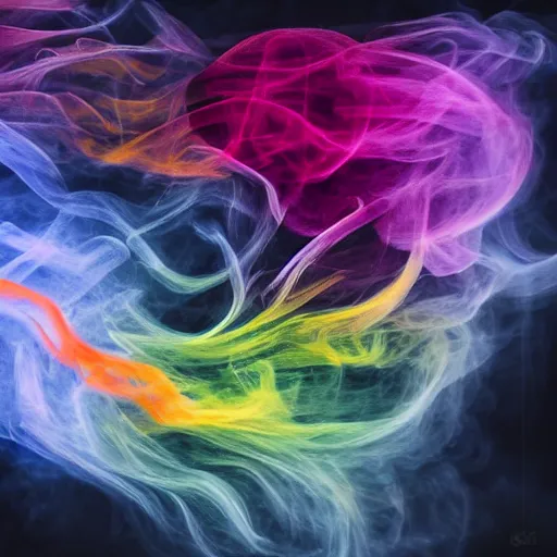 Image similar to multi color smoke, smoke has the shape of a small ( outstretched ribbed wings and head of an ancient dragon ), billowy, hdr, 8 k, 4 k