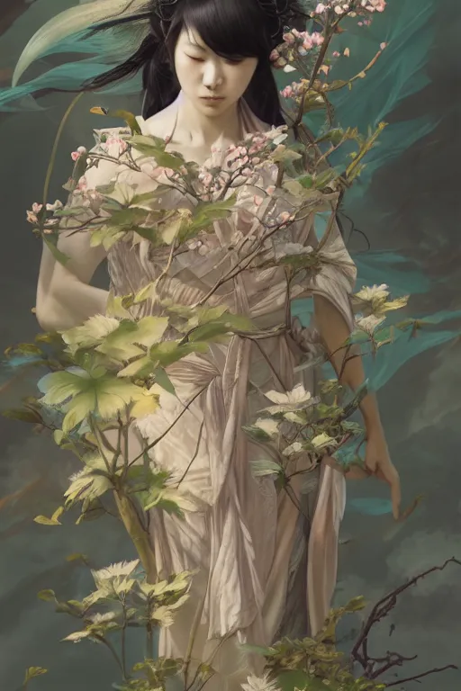 Image similar to Japanese goddess of nature, accurate anatomy, only two hands, highly detailed, digital painting, artstation, concept art, smooth, sharp focus, illustration, Unreal Engine 5, 8K, art by Ross Tran and greg rutkowski and alphonse Mucha