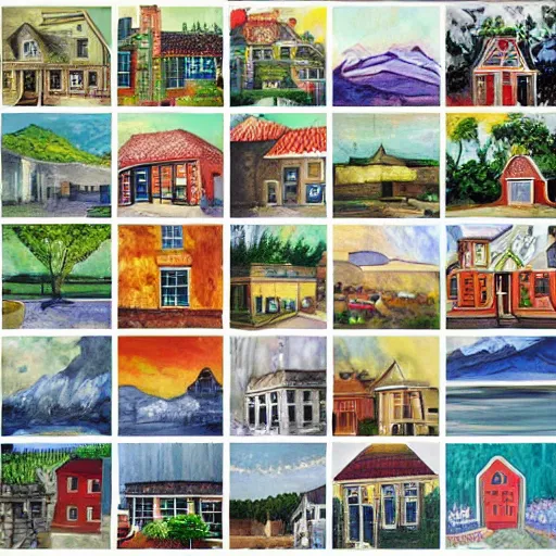 Image similar to collage of 1 0 0 paintings, each painting is of a house