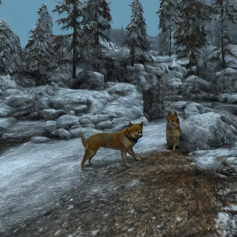Image similar to an ancient and weathered stone shiba inu statue beside a frozen stream, skyrim pc screenshot