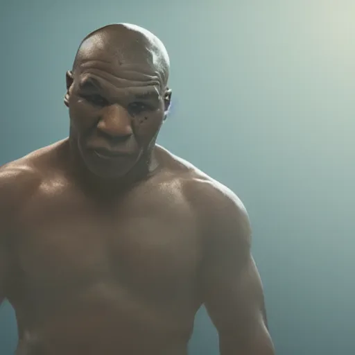 Image similar to a still of mike tyson, cinematic, 4 k, god rays through fog