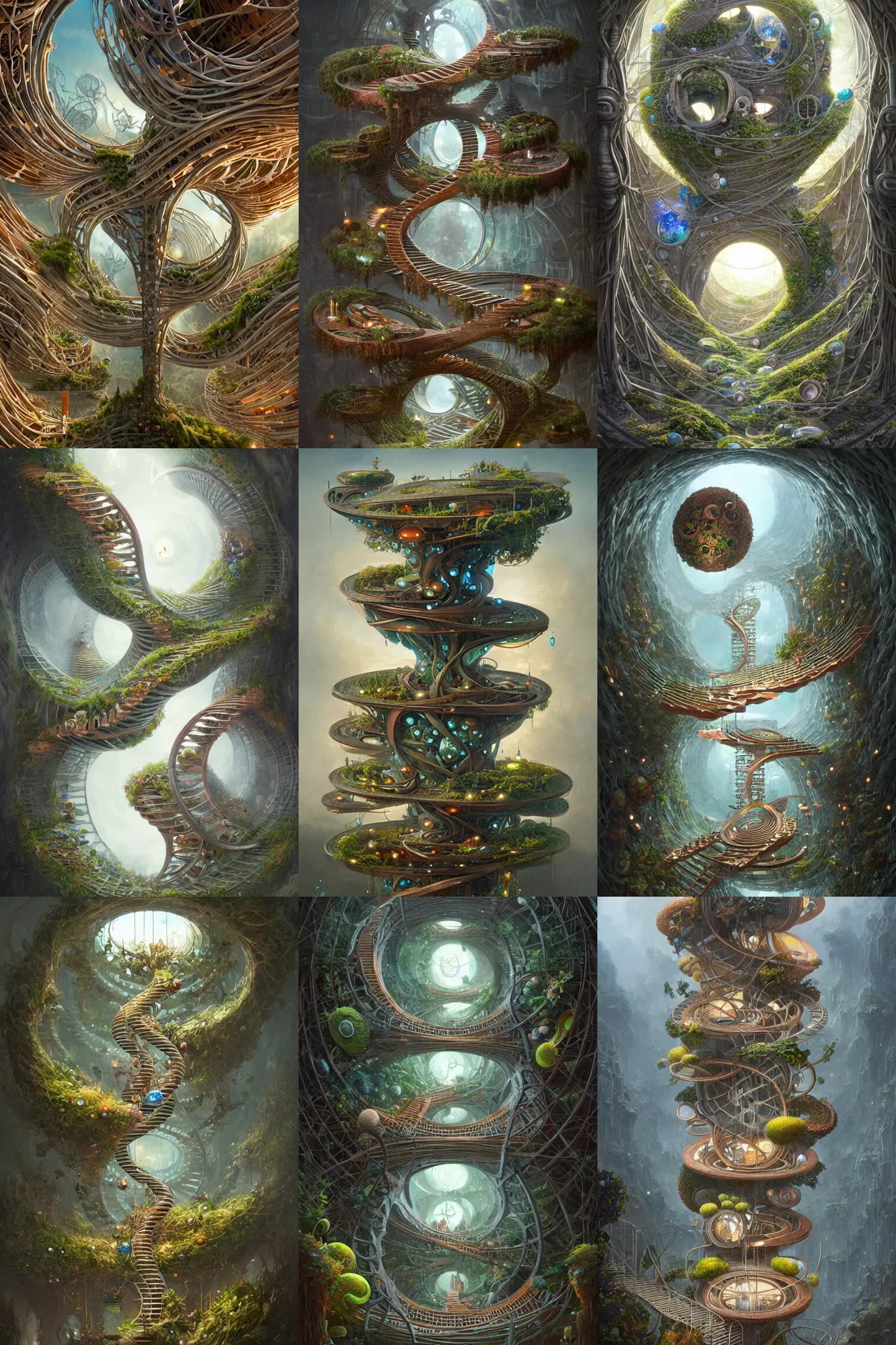 Prompt: organic towers connected by bridges, random circular platforms, ladders, doors, windows, concrete, copper, wood, volumetric lighting, by naoto hattori, peter mohrbacher, thomas visscher