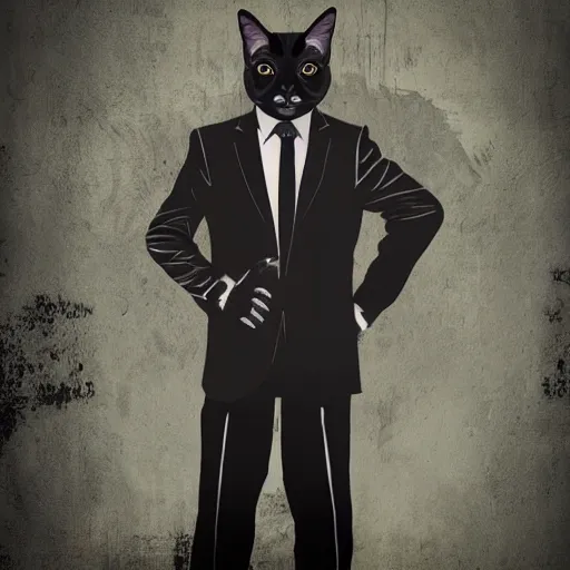 Prompt: darksynth portrait anthropomorphic cat, wearing black business suit, post apocalyptic cinematic photorealistic background, still