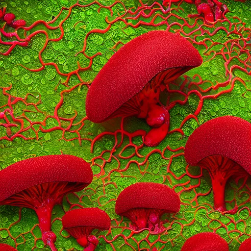 Image similar to a beautiful detailed matte painting of seaweed growing out of strange scarlet mushrooms, pattern, fractals, moebius, trending on artstation