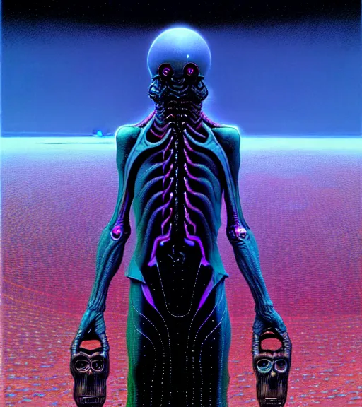 Prompt: a scifi illustration, a godlike ai comes online by thomas ligotti and wayne barlowe