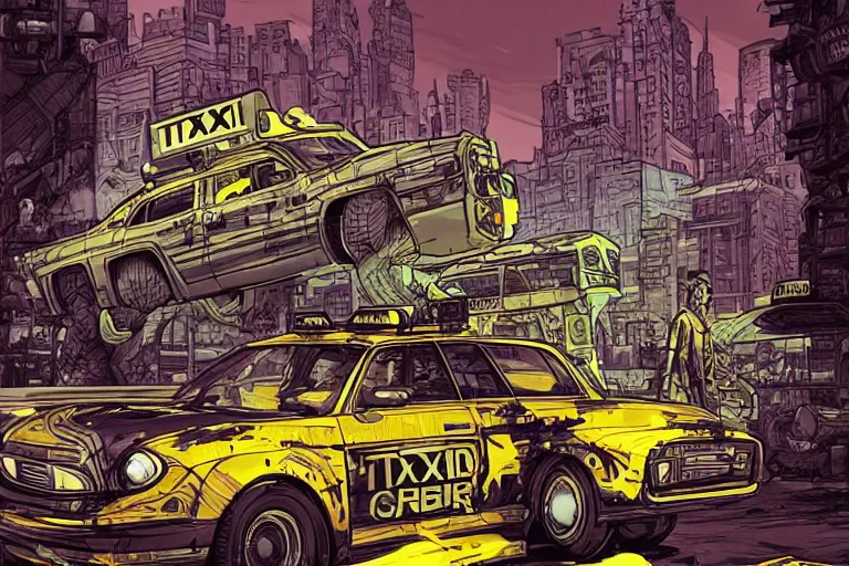 Image similar to cell shaded!! Taxi cab as Borderlands 3 concept art, llustration, concept art by Laurie Greasley, highly detailed, sharp focus,alien, HQ, 4K ,art by Laurie Greasley