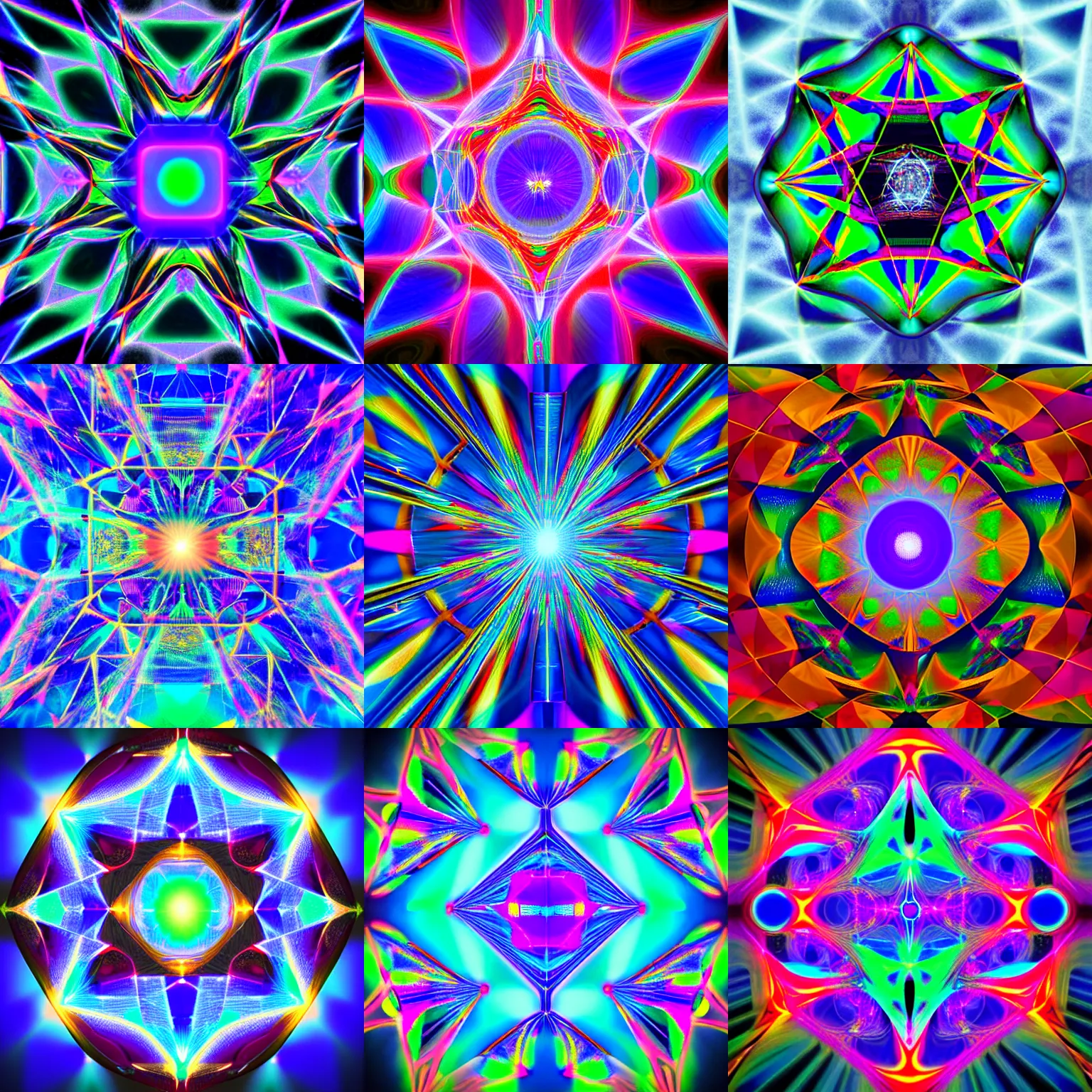 Prompt: ai generated flying psychedelic structured machines in shapes that distort the placing of the spaces of the colors in a crystal that reflects and bends the light rays as they travel through the thought paths of the soul composed of changes towards the surface of our knowledge, raytraced platonic solids, high detail, 8 k, hyper realism, diffraction, laser tracing