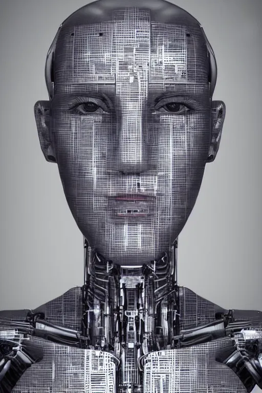 Image similar to robot with human face, female head, full body angle, woman human face, human face realistic, beautiful blonde hair, human head, human head with blonde hair, blonde hair human head, blonde hair, human realistic face, human head skin, cyborg frame concept, cyborg by ales-kotnik, sci-fi android female, the body is made of wires, robotic body, cyborg body, cyborg bust body, robot body cyborg, full body