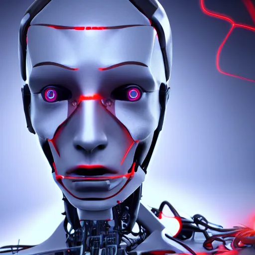 Image similar to an evil robot neural network denchinet, red eyes, hacking humans, detailed portrait,, 4 k, octane render, hd,
