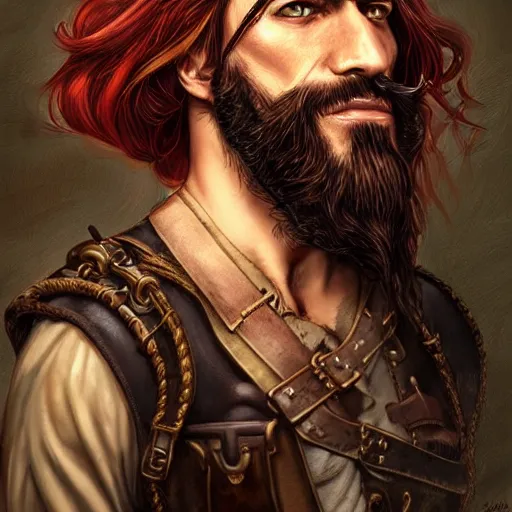 Prompt: portrait of a rugged steampunk pirate, 3 0 years old, male, handsome, masculine, red hair, long hair, long beard, soft hair, fantasy, intricate, elegant, highly detailed, steampunk, airship, digital painting, artstation, concept art, character art, smooth, sharp focus, illustration, art by artgerm and greg rutkowski and alphonse mucha