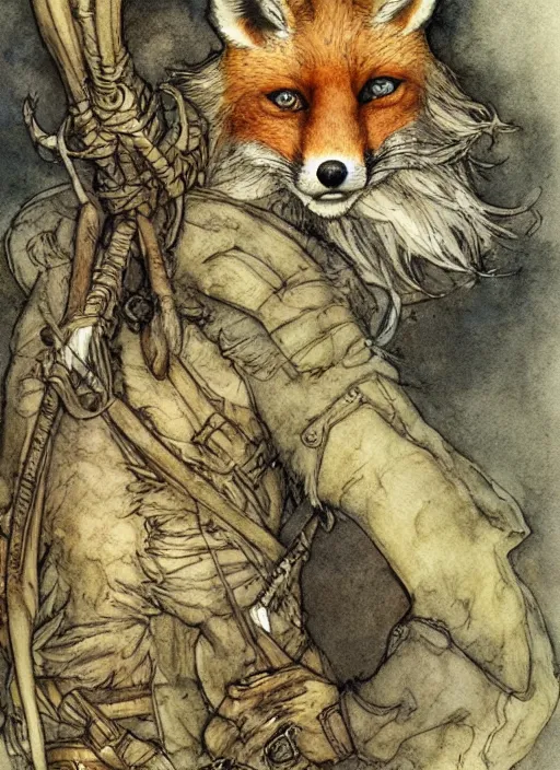 Image similar to portrait of a fox - faced ranger, human features, dnd, gwelf, highly detailed, perfect lighting, watercolor and ink illustration, muted colors. perfect composition, 4 k, by brian froud, larry macdougall, jean - baptiste monge, arthur rackham