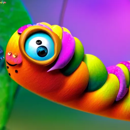 Image similar to cute colorful caterpillar on leaf, detailed pixar render character concept