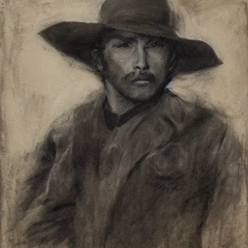 Image similar to portrait of a young action hero cowboy monster hunter, by alfred stevens in charcoal