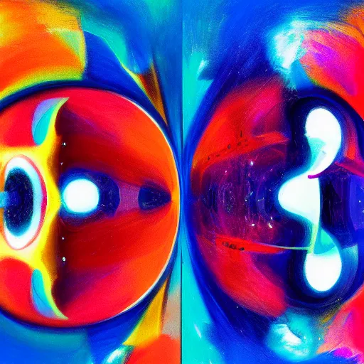 Prompt: two abstract humans from 2 abstract coloured universes, looking at each other in a mirror, across space and time, high definition photorealism, super wide angle lens w 1 0 2 4 h 7 9 8