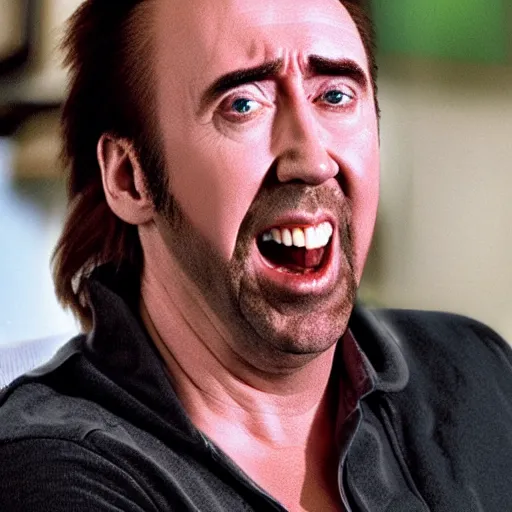 Image similar to nic cage excited about eating colorful ice creams