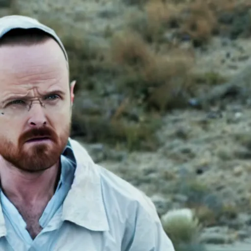 Image similar to Live Action Still of Aaron Paul dressed as Walter White, real life, hyperrealistic, ultra realistic, realistic, highly detailed, epic, HD quality, 8k resolution, body and headshot, film still