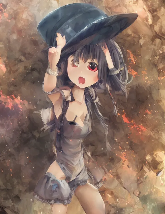 Image similar to scenic wide angle portrait of a girl in a coal mine, a cute outfit, somewhat of an anime in fantasy style, trending artwork, made with anime painter studio, by anato finstark, tony sart and an anime artist, collaboration