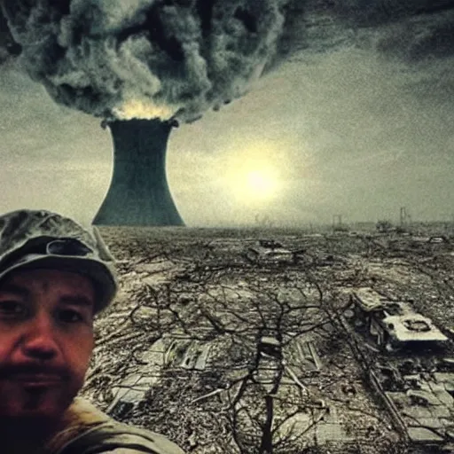 Prompt: the last selfie taken in the world. nuclear apocalypse, highly detailed,