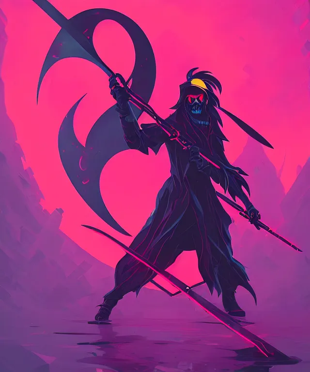 Image similar to a portrait of a neon grimm reaper holding a single scythe, fantasy, elegant, digital painting, artstation, concept art, matte, sharp focus, illustration, art by josan gonzalez