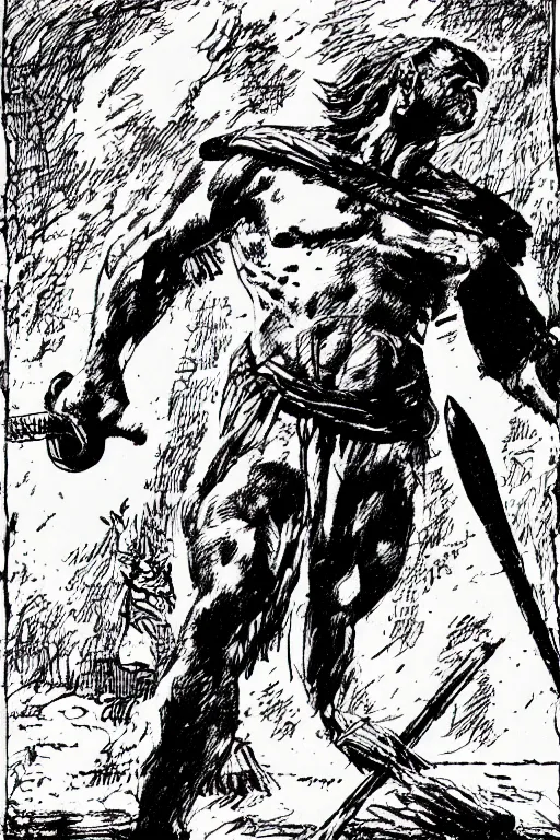 Image similar to ancient historically accurate depiction of the Bible Character Goliath of Gath, the Philistine warrior giant by frank miller