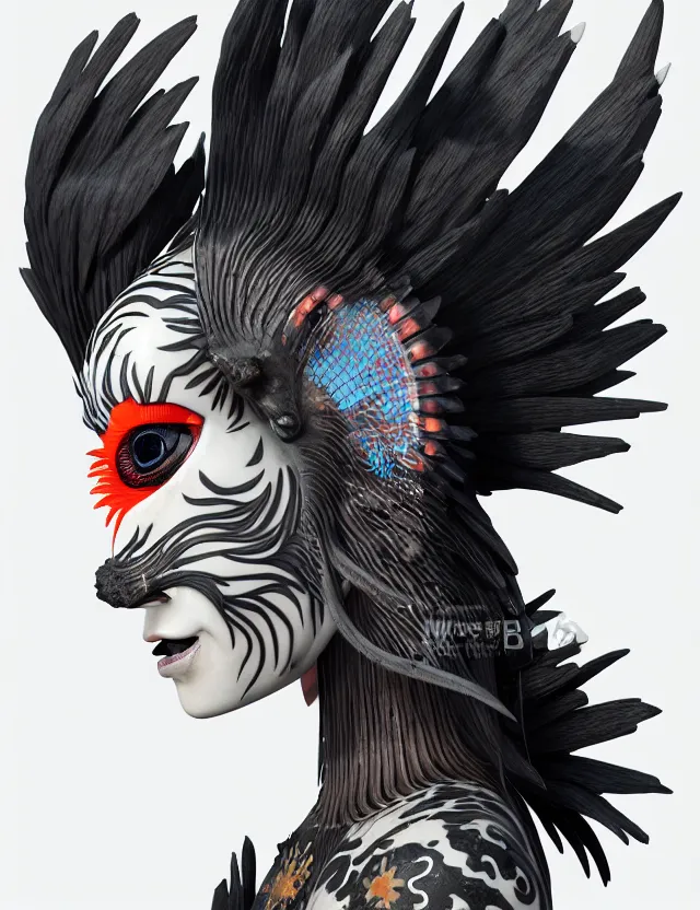 Image similar to 3 d goddess close - up profile simple portrait punk with mohawk with goat skull. beautiful intricately detailed japanese crow kitsune mask and clasical japanese kimono. betta fish, jellyfish phoenix, bio luminescent, plasma, ice, water, wind, creature, artwork by tooth wu and wlop and beeple and greg rutkowski