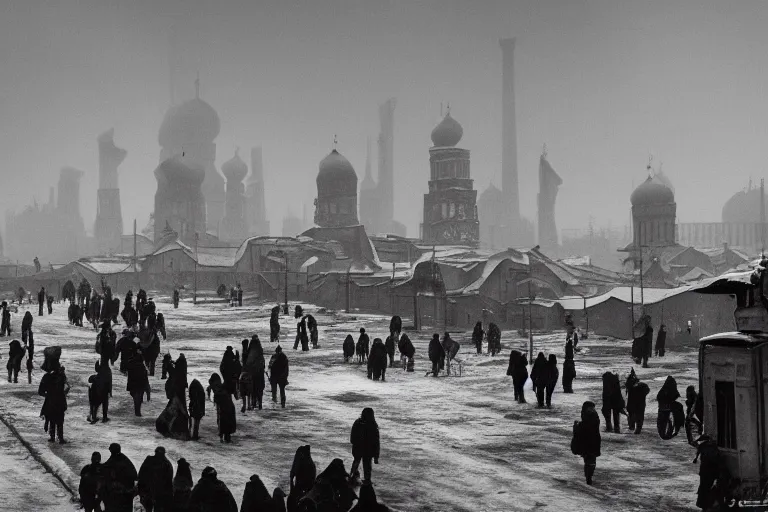 Prompt: Post-apocalyptic imperial russian city scene with a dark smog choked sky and a crowd of people freezing in the snow, black domes and spires, sci fi