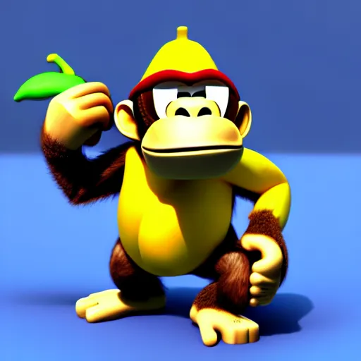 Image similar to Donkey Kong stepping on a banana. The banana is on the ground, Donkey Kong is above the banana. 3D render